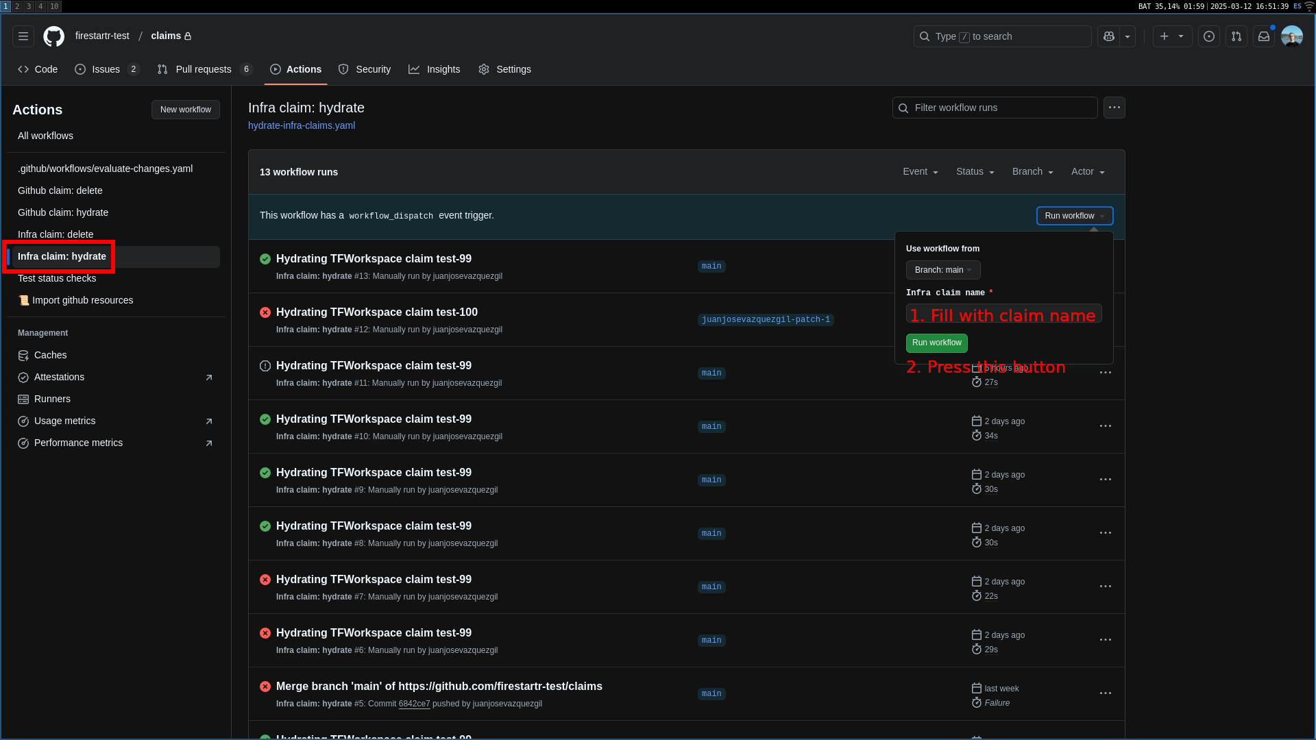 Hydrating a TFWorkspace claim