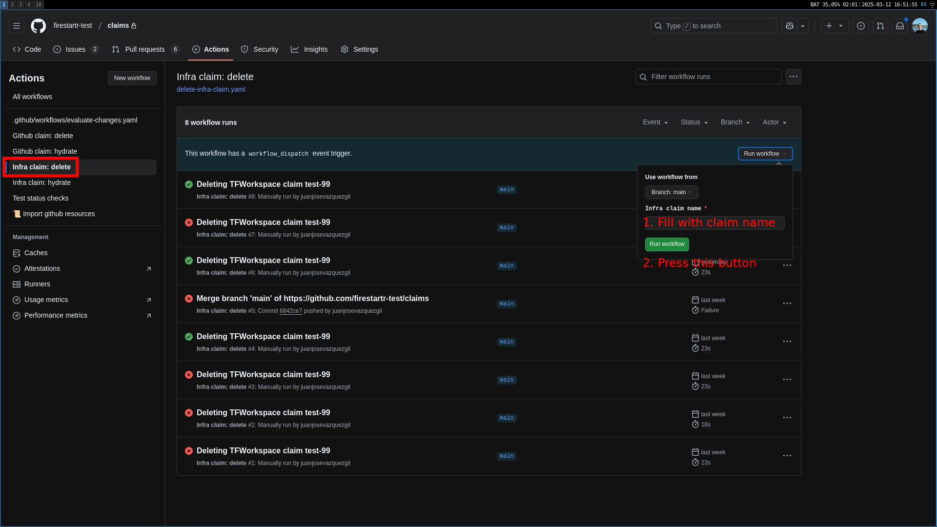 Deleting a TFWorkspace claim